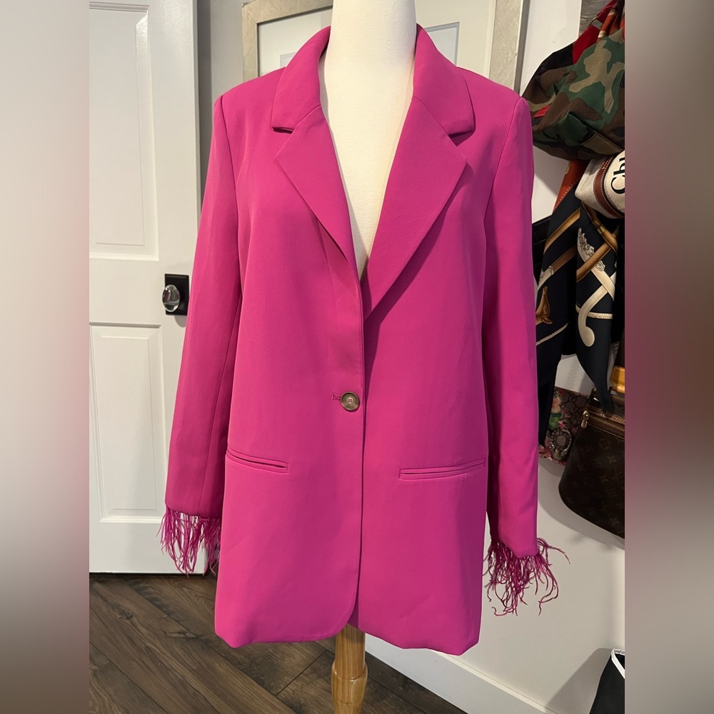 Wayf Hot Pink Blazer with Feather Trim